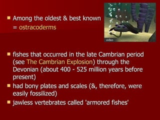 Among the oldest & best known  =  ostracoderms   fishes that occurred in the late Cambrian period (see  The Cambrian Explosion ) through the Devonian (about 400 - 525 million years before present)  had bony plates and scales (&, therefore, were easily fossilized)  jawless vertebrates called 'armored fishes'  