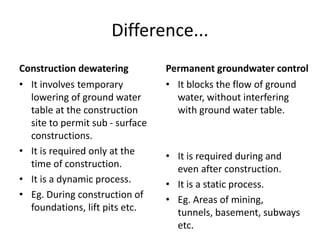 Difference...
Construction dewatering
• It involves temporary
lowering of ground water
table at the construction
site to permit sub - surface
constructions.
• It is required only at the
time of construction.
• It is a dynamic process.
• Eg. During construction of
foundations, lift pits etc.
Permanent groundwater control
• It blocks the flow of ground
water, without interfering
with ground water table.
• It is required during and
even after construction.
• It is a static process.
• Eg. Areas of mining,
tunnels, basement, subways
etc.
 