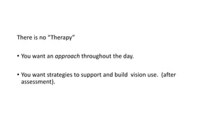 There is no “Therapy”
• You want an approach throughout the day.
• You want strategies to support and build vision use. (after
assessment).
 