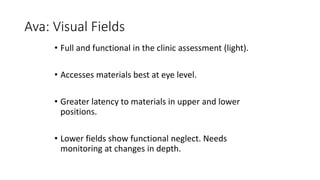 Ava: Visual Fields
• Full and functional in the clinic assessment (light).
• Accesses materials best at eye level.
• Greater latency to materials in upper and lower
positions.
• Lower fields show functional neglect. Needs
monitoring at changes in depth.
 