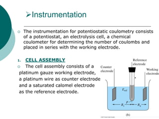 Instrumentation
 The instrumentation for potentiostatic coulometry consists
of a potentiostat, an electrolysis cell, a chemical
coulometer for determining the number of coulombs and
placed in series with the working electrode.
1. CELL ASSEMBLY
 The cell assembly consists of a
platinum gauze working electrode,
a platinum wire as counter electrode
and a saturated calomel electrode
as the reference electrode.
 