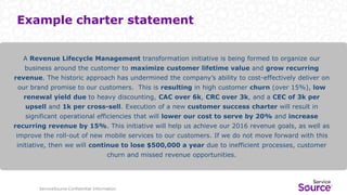 ServiceSource Confidential Information
Example charter statement
A Revenue Lifecycle Management transformation initiative is being formed to organize our
business around the customer to maximize customer lifetime value and grow recurring
revenue. The historic approach has undermined the company’s ability to cost-effectively deliver on
our brand promise to our customers. This is resulting in high customer churn (over 15%), low
renewal yield due to heavy discounting, CAC over 6k, CRC over 3k, and a CEC of 3k per
upsell and 1k per cross-sell. Execution of a new customer success charter will result in
significant operational efficiencies that will lower our cost to serve by 20% and increase
recurring revenue by 15%. This initiative will help us achieve our 2016 revenue goals, as well as
improve the roll-out of new mobile services to our customers. If we do not move forward with this
initiative, then we will continue to lose $500,000 a year due to inefficient processes, customer
churn and missed revenue opportunities.
 