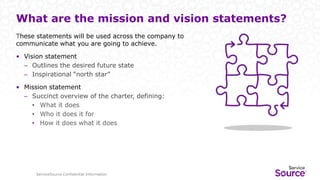 ServiceSource Confidential Information
What are the mission and vision statements?
These statements will be used across the company to
communicate what you are going to achieve.
• Vision statement
– Outlines the desired future state
– Inspirational “north star”
• Mission statement
– Succinct overview of the charter, defining:
• What it does
• Who it does it for
• How it does what it does
 