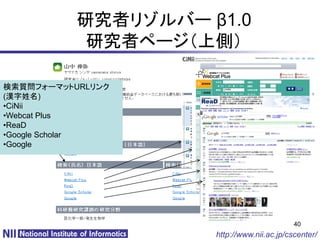 研究者リゾルバー β1.0
            研究者ページ（上側）

検索質問フォーマットURLリンク
(漢字姓名)
•CiNii
•Webcat Plus
•ReaD
•Google Scholar
•Google




                                            40
                     http://www.nii.ac.jp/cscenter/
 