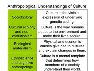 Anthropological Understandings of Culture Sociobiology Culture is the visible expression of underlying genetic coding. Cultural ecology and neo-evolutionism Culture is the way humans adapt to the environment and make their lives secure. Ecological materialism Physical and economic causes give rise to cultures and explain changes in them. Ethnoscience and cognitive anthropology Culture is a mental template that determines how members of a society understand their world. 