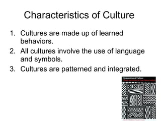 Characteristics of Culture  Cultures are made up of learned behaviors. All cultures involve the use of language and symbols. Cultures are patterned and integrated. 