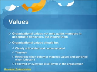 Values
Organizational values not only guide members in
acceptable behaviors, but inspire them
Organizational values should be:
Clearly articulated and communicated
Timeless
Rewarded when behavior matches values and punished
when it doesn’t
Followed by everyone at all levels in the organization
Hausman & Associates

 