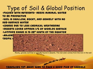 Type of Soil & Global Position
•Packed with nutrients- needs minimal water
to be productive
•Soil is shallow, rocky, and gravely with no
sub-surface water
•Course due to less chemical weathering
•Deserts cover approx 1/5 of worlds surface
•Latitude range is 15-280 south of the equator
•Majority of hot/dry deserts located near the
Tropic of Cancer or the Tropic of Capricorn




        Rocky, gravely soil that is typically found in deserts. The red color comes from the iron in the soil




  TRAVELERS TIP: Make sure to pack a good pair of sandals
 