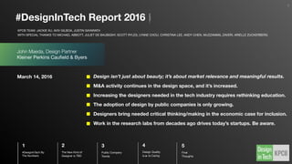 Design Partner | Kleiner Perkins Cauﬁeld & Byers
March 14, 2016
DESIGN
INTECH
REPORT
KPCB Team // Jackie Xu, Aviv Gilboa, Justin Sayarath
With Special Thanks to // Michael Abbott, Juliet de Baubigny, Scott Ryles, Lynne Chou, Christina Lee, Andy Chen, Muzzammil Zaveri, Arielle Zuckerberg
Designed By // Luna Chen 陈清源, Danqing Wang 王丹青 // China Design 中国设计
2 0
1 6
1
John Maeda
 