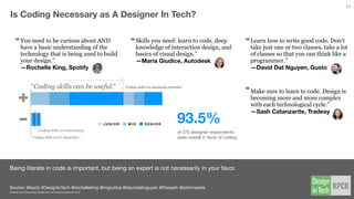 For #DesignInTech to scale today, a fundamental challenge lies in the diﬀerence between the kind of talent produced by engineering
programs vs design programs. New engineers are ready for tech; new designers are less so.
Source // @kpcb #DesignInTech @jshoee @ellenchisa @kaleighyang @johnmaeda
Should You Send Your Kid To
DESIGN SCHOOL? YES
— And Encourage Internships
CHALLENGE #1
BUSINESS AND FINANCES AREN’T PRIORITIZED
Current design education biases:
Which of these attitudes are pillars of your design curriculum?
1. Communicating and/or articulating your design
2. Using empathy to design
3. Rationalizing and/or defending your design
4. Using research and analytics to design
5. Leadership and teamwork
6. Understanding business and ﬁnances
via a KPCB study of 329 current and former design students
CHALLENGE #2/
RESEARCH AND ANALYTICS NEED PRIORITIZATION
Desired biases by past design graduates:
Which of these attitudes do you wish were pillars of your design curriculum?
1. Understanding business and ﬁnances
2. Using research and analytics to design
3. Leadership and teamwork
4. Communicating and/or articulating your design
5. Using empathy to design
6. Rationalizing and/or defending your design
via a KPCB study of 329 current and former design students
When working on a project in school, the ﬁnal step was always prototypes, but we didn't
have time to test the project before moving on to another one. Once I was in the KPCB
fellows program and working at a startup, I saw how the testing phase was invaluable.
— Kaleigh Yang / 2015 Design Fellow at Spruce Health
86%
66%
63%
61%
51%
21%
68%
60%
53%
47%
47%
38%
queue.acm.org/detail.cfm?id=2683579 medium.com/the-year-of-the-looking-glass/how-to-work-with-designers-6c975dede146#.2qih40qzq
17
Internship Example
 