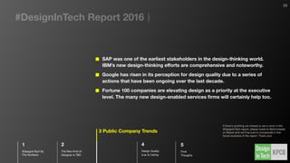 How Do Bigger Changes Happen With Design? By DESIGNING CULTURE.
Source // @kpcb #DesignInTech @justinsayarath @philgilbertsr @daviddatnguyen
medium.com/@bchesky/dont-fuck-up-the-culture-597cde9ee9d4#.bwdgjrx1s forbes.com/sites/ewanspence/2014/11/05/android-material-design-reduce-ui-fragmentation/#28f31e8e4984 airbnbopen.com/ gensler.com/projects/airbnb blog.airbnb.com/airbnb-open-day-1-welcome-home medium.com/@daviddatnguyen/10-lessons-for-
building-a-design-team-from-scratch-13c2b9a9d58#.aci9b6398
Products are products of a company’s culture, and not just some magical switch where “design” gets turned on inside a company. It’s a
conscious eﬀort on behalf of the CEO and their executive team to make design matter.
Principles enable a company’s culture to understand how design can
be used the most eﬀectively, but most importantly, enable them to
work from a common playbook.
Brian Chesky’s memo to the Airbnb team says it all …
IBM
Design thinking at
ambitious scale
SAP
Longtime leader in
design thinking
The Airbnb logo was less used as a
traditional corporate symbol, and
more as a narrative element to bind
their hosts together as a community.
They later designed an event series
called Airbnb Open that spread their
values at scale to their hosts.
Space Design as Culture Design
• Conference rooms modeled after
Airbnb listings
• Community photo gallery with
photos of hosts and guests
Architect: @GenslerOnCities
DESIGNING CULTURE DON’T **** UP THE CULTURE AIRBNB USES DESIGN TO GROUND ITS CULTURE
23
 