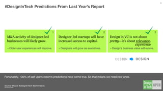 The inaugural 2015 #DesignInTech Report received way more views than we initially projected at 50K in the ﬁrst year. We also received a
helpful re-design from our new friends in Canada.
Source // @kpcb #DesignInTech @slideshare @stinsondesign
slideshare.net/stinsondesign/kpcb-design-in-tech-report-2015-simpliﬁed-and-redesigned
THE 1ST
DESIGN INTECH
REPORT
Beat Expectations, with Room for Improvement
875K
and 1 redesign…
Simpliﬁed & Redesigned
cumulative views across all
English, Spanish, Chinese, Japanese editions
4
 