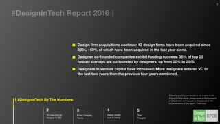 Fortunately, 100% of last year’s report’s predictions have come true. So that means we need new ones.
#DesignInTech
PREDICTIONSFrom Last Year’s Report
M&A activity of designer-led
businesses will likely grow.
1
Older user experiences will improve.
Designer-led startups will have
increased access to capital.
2
Designers will grow as executives.
Design in VC is not about pretty
— it’s about relevance.
3
Design’s business value will evolve.
DESIGN DE$IGN
experience
Source // @kpcb #DesignInTech @johnmaeda
kpcb.com/design
5
 