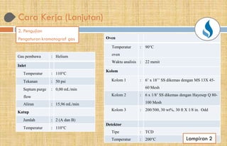 Cara Kerja (Lanjutan)
2. Pengujian
Pengaturan kromatograf gas
Gas pembawa : Helium
Inlet
Temperatur : 110°C
Tekanan : 50 psi
Septum purge
flow
: 0,00 mL/min
Aliran : 15,96 mL/min
Katup
Jumlah : 2 (A dan B)
Temperatur : 110°C
Oven
Temperatur
oven
Waktu analisis
Kolom
Kolom
Kolom
Kolom
Detektor
Tipe
Temperatur
Oven
Temperatur
oven
: 90°C
Waktu analisis : 22 menit
Kolom
Kolom 1 : 6’ x 18’’ SS dikemas dengan MS 13X 45-
60 Mesh
Kolom 2 : 6 x 1/8’ SS dikemas dengan Hayesep Q 80-
100 Mesh
Kolom 3 : 200/500, 30 wt%, 30 ft X 1/8 in. Odd
Detektor
Tipe : TCD
Temperatur : 200°C Lampiran 2
 