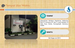 Tempat dan Waktu
Laboratorium Petroleum Engineering Jatibarang
Field PT Pertamina EP Aset 3 yang berlokasi di
Jalan Raya Mundu, Karangampel, Indramayu
45283.
TEMPAT
Mei hingga Juni 2015
WAKTU
 