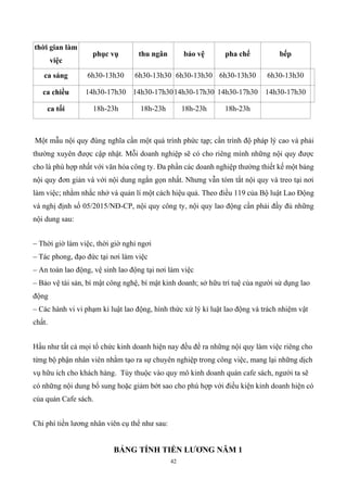 42
thời gian làm
việc
phục vụ thu ngân bảo vệ pha chế bếp
ca sáng 6h30-13h30 6h30-13h30 6h30-13h30 6h30-13h30 6h30-13h30
ca chiều 14h30-17h30 14h30-17h3014h30-17h30 14h30-17h30 14h30-17h30
ca tối 18h-23h 18h-23h 18h-23h 18h-23h
Một mẫu nội quy đúng nghĩa cần một quá trình phức tạp; cần trình độ pháp lý cao và phải
thường xuyên được cập nhật. Mỗi doanh nghiệp sẽ có cho riêng mình những nội quy được
cho là phù hợp nhất với văn hóa công ty. Đa phần các doanh nghiệp thường thiết kế một bảng
nội quy đơn giản và với nội dung ngắn gọn nhất. Nhưng vẫn tóm tắt nội quy và treo tại nơi
làm việc; nhằm nhắc nhở và quản lí một cách hiệu quả. Theo điều 119 của Bộ luật Lao Động
và nghị định số 05/2015/NĐ-CP, nội quy công ty, nội quy lao động cần phải đầy đủ những
nội dung sau:
– Thời giờ làm việc, thời giờ nghỉ ngơi
– Tác phong, đạo đức tại nơi làm việc
– An toàn lao động, vệ sinh lao động tại nơi làm việc
– Bảo vệ tài sản, bí mật công nghệ, bí mật kinh doanh; sở hữu trí tuệ của người sử dụng lao
động
– Các hành vi vi phạm kỉ luật lao động, hình thức xử lý kỉ luật lao động và trách nhiệm vật
chất.
Hầu như tất cả mọi tổ chức kinh doanh hiện nay đều đề ra những nội quy làm việc riêng cho
từng bộ phận nhân viên nhằm tạo ra sự chuyên nghiệp trong công việc, mang lại những dịch
vụ hữu ích cho khách hàng. Tùy thuộc vào quy mô kinh doanh quán cafe sách, người ta sẽ
có những nội dung bổ sung hoặc giảm bớt sao cho phù hợp với điều kiện kinh doanh hiện có
của quán Cafe sách.
Chi phí tiền lương nhân viên cụ thể như sau:
BẢNG TÍNH TIỀN LƯƠNG NĂM 1
 