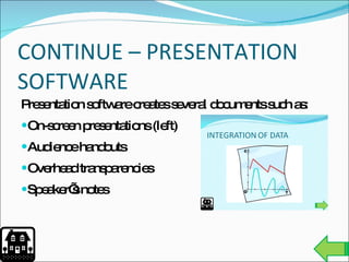 CONTINUE – PRESENTATION SOFTWARE Presentation software creates several documents such as: On-screen presentations (left) Audience handouts Overhead transparencies Speaker’s notes 