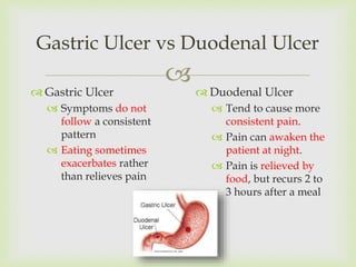 
 Gastric Ulcer
 Symptoms do not
follow a consistent
pattern
 Eating sometimes
exacerbates rather
than relieves pain
Gastric Ulcer vs Duodenal Ulcer
 Duodenal Ulcer
 Tend to cause more
consistent pain.
 Pain can awaken the
patient at night.
 Pain is relieved by
food, but recurs 2 to
3 hours after a meal
 