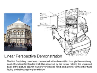 Linear Perspective Demonstration
 The ﬁrst Baptistery panel was constructed with a hole drilled through the vanishing
 point. Brunelleschi intended that it be observed by the viewer holding the unpainted
 back of the picture against his/her eye with one hand, and a mirror in the other hand
 facing and reﬂecting the painted side.
 