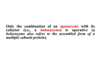 Only the combination of an apoenzyme with its
cofactor (i.e., a holoenzyme) is operative (a
holoenzyme also refers to the assembled form of a
multiple subunit protein).
 