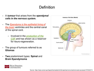 2
• A tumour that arises from the ependymal
cells in the nervous system.
• The Ependyma is the epithelial lining of
the brain ventricles and the central canal
of the spinal cord.
• Involved in the production of the
CSF and has shown as a reservoir
for neuro-regeneration.
• The group of tumours referred to as
Gliomas
• Two predominant types: Spinal and
Brain Ependymoma
Definition
Source: https://www.cancer.gov/types/brain/patient/child-ependymoma-treatment-pdq (accessed 07/03/2017)
 