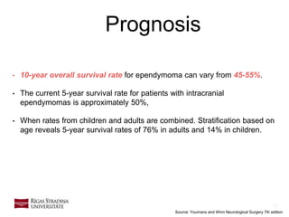 28
Prognosis
• 10-year overall survival rate for ependymoma can vary from 45-55%.
• The current 5-year survival rate for patients with intracranial
ependymomas is approximately 50%,
• When rates from children and adults are combined. Stratification based on
age reveals 5-year survival rates of 76% in adults and 14% in children.
Source: Youmans and Winn Neurological Surgery 7th edition
 