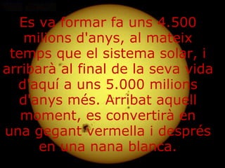 Es va formar fa uns 4.500 milions d'anys, al mateix temps que el sistema solar, i arribarà al final de la seva vida d'aquí a uns 5.000 milions d'anys més. Arribat aquell moment, es convertirà en una gegant vermella i després en una nana blanca.   