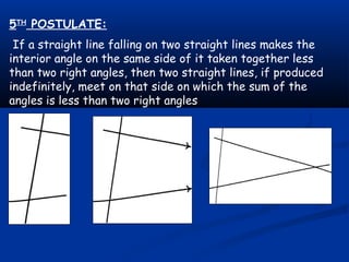 5TH
POSTULATE:
If a straight line falling on two straight lines makes the
interior angle on the same side of it taken together less
than two right angles, then two straight lines, if produced
indefinitely, meet on that side on which the sum of the
angles is less than two right angles
 