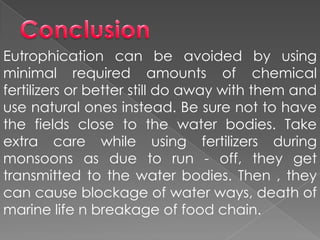 Eutrophication can be avoided by using
minimal required amounts of chemical
fertilizers or better still do away with them and
use natural ones instead. Be sure not to have
the fields close to the water bodies. Take
extra care while using fertilizers during
monsoons as due to run - off, they get
transmitted to the water bodies. Then , they
can cause blockage of water ways, death of
marine life n breakage of food chain.
 