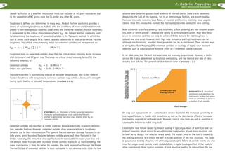 2. Material Properties

32

R O C K E X C AVAT I O N H A N D B O O K

Toughness is defined and determined in many ways. Modern fracture mechanics provides a
means of explaining toughness as it deals with the conditions of micro-crack initiation and
growth in non-homogeneous materials under stress and where the material’s fracture toughness
is represented by the critical stress intensity factor KIC . An indirect method commonly used
for determining the toughness of cemented carbides is the Palmqvist method, in which the
sum of corner crack lengths for a Vickers hardness indentation is used to derive the fracture
toughness. The critical stress intensity factor for cemented carbides can be expressed as:
KIC = 6.2 x ( HV50 / · L )

1/2

[ MN/m

3/2

]

Toughness tests on cemented carbides show that the critical stress intensity factor increases
with Co content and WC grain size. The range for critical stress intensity factors for the
following materials is:
Cemented carbides
Intact rock specimens

KIC = 5 - 30 MN/m 3/2
KIC = 0.05 - 3 MN/m 3/2

Fracture toughness is substantially reduced at elevated temperatures. Due to the reduced
fracture toughness with temperature, cemented carbides may exhibit a decrease in strength
during cyclic loading at elevated temperatures. (FIGURE 2.4.-2.)

L1

abrasive wear preserves greater visual evidence of thermal cracks. These cracks penetrate
deeply into the bulk of the material, run in an intergranular fashion, and branch readily.
Fractures intersect, removing large flakes of material and forming relatively steep angular
craters. Once this process has started, the tool rapidly becomes useless for rock cutting.
Wear resistance (a surface property) and toughness (a bulk property) are two complex properties, both of which provide a material the ability to withstand destruction. High wear resistance for cemented carbides can only be achieved if the demand for high toughness is
reduced and vice versa. However, both high wear resistance and high toughness can be
achieved simultaneously, provided these properties can be re-distributed. There are two ways
of doing this: Dual Property (DP) cemented carbides, or coatings of highly wear resistant
materials such as polycrystalline diamond (PCD) on a cemented carbide substrate.
In an ideal case, tool life and tool wear rates are inversely proportional. However, a tool’s
service life is also determined by structural overloading, and the interval and rate of catastrophic tool failures. The generalized distribution curve in FIGURE 2.4.-3
100 %
Distribution Curve for Drag Tool
Replacements from Cutterheads

caused by friction at a wearflat, microscopic voids can nucleate at WC grain boundaries due
to the separation of WC grains from the Co binder and other WC grains.

Carbide Insert Wear

Carbide Insert and
Brazing Failures

L4

0%

FIGURE 2.4.-3. Generalized

distribution curve identifying the
main reasons for drag tool replacements on cutterheads in service as
a function of rock strength.

Rock Strength
L2
L3

FIGURE 2.4.-2. Illustration of Vickers pyramidal indentation
impression and resulting corner cracks used in the Palmqvist
method for determining the critical stress intensity factor KIC for
cemented carbides.

Cemented carbides are classified as brittle materials because practically no plastic deformation precedes fracture. However, cemented carbides show large variations in toughness
behavior due to their microstructure. The types of fracture seen are cleavage fractures in carbide grains, grain boundary fractures between carbide grains and shear fractures in the
binder. Generally, the amount of cleavage fractures increases with increased grain size and
the amount shear fractures with increased binder content. Expressed as fracture energy, the
major contribution is from the latter, for example, the crack propagation through the binder.
Thermal fatigue of cemented carbides is most noticeable in non-abrasive rocks since the low

for drag tool replacements on a cutterhead in service illustrates the increased sensitivity to
tool impact failures in harder rock formations as well as the detrimental effect of increased
tool loading required to cut harder rock. However, conical drag tools are not as sensitive to
catastrophic failures as radial drag tools.
Catastrophic tool failure caused by impact loading is typically a result of both tool and cutterhead bouncing which occurs for an unfortunate combination of rock mass structure, cutterhead lacing design, and selected rotary speed. The impact force on the tool is caused by
the striking action as it re-enters the kerf or harder portions of the rock structure. This leads
to progressive tool tip chipping and ultimately catastrophic failure of carbide inserts and disk
rims. For single-rowed carbide insert studded disks, a ripple breakage effect of the studs is
often experienced. Some typical examples of rock structure leading to reduced tool life are:

33

 