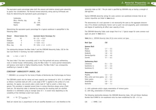 2. Material Properties

40

R O C K E X C AVAT I O N H A N D B O O K

The equivalent quartz percentage takes both the amount and relative mineral grain abrasivity
to quartz into consideration. The Rosiwal mineral abrasivity rating used by Schimazek and
Knatz for determining the equivalent quartz percentage is:
Carbonates
Mica, chlorite, clay
Feldspars
Quartz

Typical CERCHAR abrasivity ratings for some common non-weathered minerals that do not
contain impurities are listed in Table 2.4.-2.

3%
4%
30 - 33%
100%

The abrasiveness of a rock specimen is not necessarily the same as the aggregate abrasiveness of its mineral constituents; factors such as grain size and angularity, grain cementation
and degree of weathering all affect wear capacity of rock.

Determining the equivalent quartz percentage for a typical sandstone is exemplified in the
following table:
Mineral

Mineral Content (%)

Quartz
Feldspar
Carbonate
Mica, clay

63
9
3
25

= 63.0
= 3.0
= 0.1
= 1.0 => 67.1

= 0.6 + 3.32 • F

The wear index F has been successfully used in very fine-grained and porous sedimentary
rocks in Central Europe. Unfortunately, using the Wear Index F in coarse grained metamorphic
and igneous rocks leads to highly misleading results. The Wear Index F was consequently
modified by G. Ewendt in 1989.

CERCHAR* ABRASIVITY INDEX, CAI
* CERCHAR is an acronym for the Centre d´Etudes et Recherches des Charbonnages de France.
The CERCHAR scratch test for rating rock wear capacity was introduced in 1971. It is defined
as follows: A pointed steel pin with a cone angle of 90° is applied to the surface of a rock
specimen, for approx. one second under a static load of 7 kgf to scratch a 10mm long
groove. This procedure is repeated several times in various directions always using a fresh
steel pin. The abrasivity index is obtained by measuring the resulting steel pin wearflat
diameter d in millimeters using an average value of 3 - 6 scratch tests depending on the
variability of the individual scratch test results:
CAI

The CERCHAR Abrasivity Index scale ranges from 0 to 7. Typical ranges for some common rock
types are given in Table 2.4.-1.

Equivalent Quartz Percentage (%)

63 • 1.0
9 • 0.32
3 • 0.03
25 • 0.04

The relationship between the Wear Index F and the CERCHAR Abrasivity Index, CAI for the
Saar Coal District in Germany, has been established as:
CAI

abrasivity index as CAI 3. The pin steel is specified by CERCHAR only as having a strength of
200 kgf/mm2.

= 10 • · d wearflat / n

Steel pin volume loss is proportional to the pin wearflat diameter as d3, and therefore to the

Table 2.4.-1. CERCHAR Abrasivity Index CAI for some common rock types.

Rock Type

CAI

Igneous Rock
Basalt
Diabase
Andesite
Diorite/Syenite
Granite

1.7
3.8
1.8
3.0
3.7

Sedimentary Rock
Limestone
Sandstone 1)
Sandstone 2)

0.1 - 2.4
0.1 - 2.6
2.3 - 6.2

-

5.2
5.4
3.5
5.6
6.2

Metamorphic Rock
Phyllite
1.3 - 4.3
Mica schist and mica gneiss 1.8 - 5.0
Felsic gneiss
3.7 - 6.3
Amphibolite
2.8 - 3.7
Quartzite
4.8 - 7.3
1) with carbonate and/or clayey cementation of mineral grains
2) with SiO2 cementation of mineral grains
The following relationship between the CERCHAR Abrasivity Index, CAI and Vickers Hardness
Number Rock VHNR for non-weathered rocks has been established for CAI > 0.7 as:
CAI

= VHNR / 145

41

 