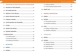 6

R O C K E X C AVAT I O N H A N D B O O K

3.

4.2.1 Drilling and Blasting..............................................................142

PRINCIPLES OF ROCK EXCAVATION TECHNOLOGIES

4.2.2 Primary Breaking by Hydraulic Hammer ...................................183

3.1 MECHANICS OF ROCK BREAKING.................................................62
4.3 QUARRY CASE .............................................................................187
3.2 TOP-HAMMER DRILLING ...............................................................63
3.3 PRINCIPLE OF DTH DRILLING.............................................71

5.

3.4 ROTARY PERCUSSIVE DRILLING .........................................71

5.1 GENERAL .....................................................................................188

3.5 HYDRAULIC HAMMERS ......................................................71

5.2 METHODS ....................................................................................189

GENERAL CONTRACTING

5.2.1 Drill and Blast Excavation ......................................................189

3.6 CUTTER-CRUSHERS AND PULVERIZERS .......................................73
5.2.2 Demolition and Recycling .......................................................204

3.7 CUTTING .......................................................................................74

5.3 CASES ..........................................................................................211

3.8 LOADING AND HAULING ..............................................................76

5.3.1 Highway and Railway Cutting .................................................211
5.3.2 Demolition and Recycling .......................................................213

3.9 CRUSHING OPERATIONS...............................................................82
3.10 ROCK BLASTING ...........................................................................93

6.

3.10.1 Blasting products ..................................................................93

TUNNELLING

6.1 GENERAL .....................................................................................214

3.10.2 Rock blasting theory ............................................................120

6.2 METHODS ....................................................................................216

3.10.3 Blasting and environment.....................................................123

6.2.1 Drilling and blasting..............................................................216

4.

6.2.2 Mechanical tunneling .............................................................254

QUARRYING ..............................................................................

6.2.3 Shaft Excavation ...................................................................281

4.1 GENERAL .....................................................................................140
6.2.4 Rock reinforcement ................................................................290

4.2 METHODS ....................................................................................142
..

7

 