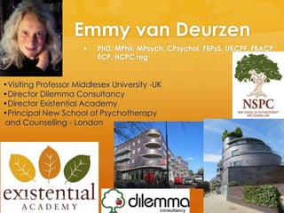 Emmy van Deurzen
 PhD, MPhil, MPsych, CPsychol, FBPsS, UKCPF, FBACP,
ECP, HCPC reg
•Visiting Professor Middlesex University -UK
•Director Dilemma Consultancy
•Director Existential Academy
•Principal New School of Psychotherapy
and Counselling - London
@Emmy van Deurzen 2015
 