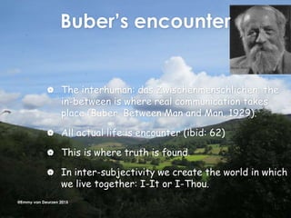 Buber’s encounter
 The interhuman: das Zwischenmenschlichen; the
in-between is where real communication takes
place (Buber, Between Man and Man, 1929).
 All actual life is encounter (ibid: 62)
 This is where truth is found.
 In inter-subjectivity we create the world in which
we live together: I-It or I-Thou.
@Emmy van Deurzen 2015
 