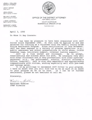 District Attorney's office reference letter