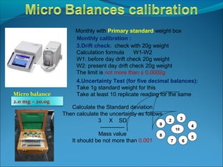 Monthly with Primary standard weight box
Monthly calibration :
3.Drift check: check with 20g weight
Calculation formula W1-W2
W1: before day drift check 20g weight
W2: present day drift check 20g weight
The limit is not more than ± 0.0002g
4.Uncertainty Test (for five decimal balances):
Take 1g standard weight for this
Take at least 10 replicate reading for the same
9
2
8
7 6
3
5
4
10
Calculate the Standard deviation
Then calculate the uncertainty as follows
3 X SD
-------------
Mass value
It should be not more than 0.001
Micro balance
2.0 mg – 20.0g
 