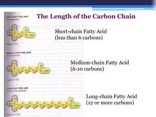 The Length of the Carbon Chain

     Short-chain Fatty Acid
     (less than 6 carbons)



           Medium-chain Fatty Acid
           (6-10 carbons)




                  Long-chain Fatty Acid
                  (12 or more carbons)
 