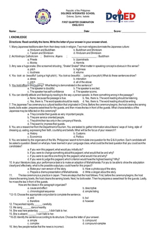 Republic of the Philippines
DOLORES INTEGRATED SCHOOL
Dolores, Quirino, Isabela
FIRST QUARTER EXAMINATION
ENGLISH 8
Name:____________________________________________________Date:__________________Score: ___________________
I. KNOWLEDGE
Directions:Read carefullytheitems.Writetheletterofyouranswerin youranswersheet.
1. ManyJapanesetraditionsstem from theirdeep roots inreligion.TwomainreligionsdominatetheJapaneseculture:
a. Hinduism andBuddhism b. Buddhism andShintoism
c. Taoism andShintoism d. Hinduism andShintoism
2. Archbishops:Catholicism ; Brahmins: Aryans ; ___________________: Buddhism
a. Priests b. Upanishads
c. Monks d. Hermits
3. Amy saw a hugesnake.She screamedshouting,“Snake! Snake!” What matterin speakingconceptisobviousin this sense?
a. pitch b. highness
c. loudness d. volume
4. You look so beautiful! (usinga highpitch); You lookso beautiful.. . (usinga lowpitch)What do these sentencesshow?
a. stress b. intonation
c. pitch d. all of the above
5. You holdoffice in this building? Whatfeelingis demonstratedinthe sentence?
a. Thespeakeris doubtful. b. Thespeakeris excited.
c. Thespeakerhasself-confidence d. Thespeakerscorns.
6. You can identifyattitude and feelingsbyreadingto the way a personspeaks. Is there somethingwronginthepassage?
a. None, becausethepassageis true. b. Yes, there is. Thewordreadingshouldbelistening.
c. Yes, there is. Thewordspeaksshouldbe reads. d. Yes, there is. Thewordreadingshouldbewriting.
7. TheJapaneseTeaceremonyisa culturaltraditionthat originatedinChina.Before the ceremonybegins,thehost cleansthe serving
bowls,boils water, preparessweettreat for the guests, and then mixesthetea in front of the guests. What characteristics ofthe
Japanesemaybereflectedon this ceremony?
a. Theyconsidertheirguests as very importantpeople.
b. Theyare service orientedpeople.
c. Theydrinktheir tea onlyin the companyof friends.
d. Theywant to impresstheirguests.
8. You are a researcherfrom theDepartmentof tourism.You aretasked to gatherinformationaboutAsians’ ways of living, style of
dressingup, eating,expressingtheir faith, courtshipandbeliefs.What willbethe focus of your research?
a. History b. Customs
c. Economics d. Politics
9. You are tasked by the organizersof the Ms. Philippines’ searchtoformulateonequestionfor the Q & A portion. Eachcandidatewill
be askeda question.Based on whatyou have learnedinyour Languageclass,whatcouldbethebest questionthat you couldaskthe
candidates?
a. If you won this pageant,what wouldyou initiallydo?
b. If you were to changesomethingaboutthispageant,what wouldthat be and why?
c. If you were to sacrificeonethingfor the pageant,what wouldit be andwhy?
d. If you were to judgethis pageant,whichcriterionwouldhavethe highest bearing?Why?
10. In your literatureclass,your performancetaskis to makeanadaptionof Mahabharata.Foryou to beableto showthe adaptation
clearlyand effectively, what is the possibleoutputyou couldhavefor this project?
a. Makeyour ownversion of the story. b. Have a photocopyof the story.
c. Preparea dramapresentationofMahabharata. d. Write a sloganaboutthe story.
11. Theteaceremonyisa practiceinJapan.Therearesteps that the host follows. First, beforethe ceremonybegins,the host
cleanstheserving bowls, the host cleanstheserving bowls. Next, he boilswater. Thenhepreparesa sweettreat for the guests. Lastly,
he mixesthe tea infront of the guests.
Howare the ideasin the paragraphorganized?
a. causeandeffect b. descriptive
c. chronologicalsequence d. simplelisting
*12-15.Choosethe appropriateconjunctiontocompletethesentence.
a. and b. but
c. therefore d. however
12. Theyworkedrapidly______carefully.
13. We sang ______danceheartily.
14. She was hereyesterday; _______,I didn’ttalk to her.
15. She is absent; ______I can’ttalk to her.
*16-20.Identify the sentenceaccordingtoits structure.Choosethe letter of your answer.
a. simple b. compound
c. complex d. compound-complex
16. Very few peoplerealize that the newsis incorrect.
 