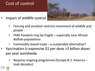 Cost of control
• Impact of wildlife control
• Fencing and zonation restricts movement of wildlife and
people
• FMD freedom may be fragile – especially near African
Buffalo populations
• Commodity based trade – a sustainable alternative?
• Vaccination is expensive $1 per dose >2 billion doses
per year worldwide
• Requires ongoing programme (Europe & S. America –
took decades)
 