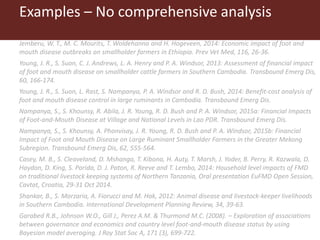 Examples – No comprehensive analysis
Jemberu, W. T., M. C. Mourits, T. Woldehanna and H. Hogeveen, 2014: Economic impact of foot and
mouth disease outbreaks on smallholder farmers in Ethiopia. Prev Vet Med, 116, 26-36.
Young, J. R., S. Suon, C. J. Andrews, L. A. Henry and P. A. Windsor, 2013: Assessment of financial impact
of foot and mouth disease on smallholder cattle farmers in Southern Cambodia. Transbound Emerg Dis,
60, 166-174.
Young, J. R., S. Suon, L. Rast, S. Nampanya, P. A. Windsor and R. D. Bush, 2014: Benefit-cost analysis of
foot and mouth disease control in large ruminants in Cambodia. Transbound Emerg Dis.
Nampanya, S., S. Khounsy, R. Abila, J. R. Young, R. D. Bush and P. A. Windsor, 2015a: Financial Impacts
of Foot-and-Mouth Disease at Village and National Levels in Lao PDR. Transbound Emerg Dis.
Nampanya, S., S. Khounsy, A. Phonvisay, J. R. Young, R. D. Bush and P. A. Windsor, 2015b: Financial
Impact of Foot and Mouth Disease on Large Ruminant Smallholder Farmers in the Greater Mekong
Subregion. Transbound Emerg Dis, 62, 555-564.
Casey, M. B., S. Cleaveland, D. Mshanga, T. Kibona, H. Auty, T. Marsh, J. Yoder, B. Perry, R. Kazwala, D.
Haydon, D. King, S. Parida, D. J. Paton, R. Reeve and T. Lembo, 2014: Household level impacts of FMD
on traditional livestock keeping systems of Northern Tanzania, Oral presentation EuFMD Open Session,
Cavtat, Croatia, 29-31 Oct 2014.
Shankar, B., S. Morzaria, A. Fiorucci and M. Hak, 2012: Animal disease and livestock-keeper livelihoods
in Southern Cambodia. International Development Planning Review, 34, 39-63.
Garabed R.B., Johnson W.O., Gill J., Perez A.M. & Thurmond M.C. (2008). – Exploration of associations
between governance and economics and country level foot-and-mouth disease status by using
Bayesian model averaging. J Roy Stat Soc A, 171 (3), 699-722.
 