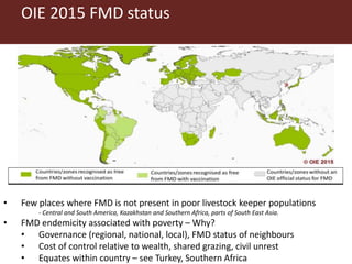 OIE 2015 FMD status
• Few places where FMD is not present in poor livestock keeper populations
- Central and South America, Kazakhstan and Southern Africa, parts of South East Asia.
• FMD endemicity associated with poverty – Why?
• Governance (regional, national, local), FMD status of neighbours
• Cost of control relative to wealth, shared grazing, civil unrest
• Equates within country – see Turkey, Southern Africa
 