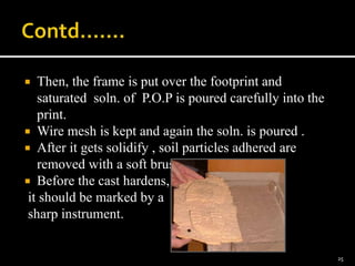  Then, the frame is put over the footprint and
saturated soln. of P.O.P is poured carefully into the
print.
 Wire mesh is kept and again the soln. is poured .
 After it gets solidify , soil particles adhered are
removed with a soft brush.
 Before the cast hardens,
it should be marked by a
sharp instrument.
25
 