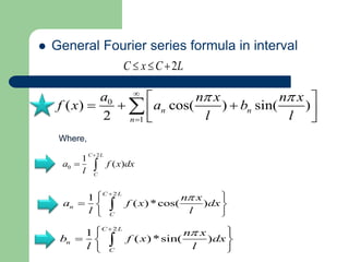  General Fourier series formula in interval 
C  x C 2L 
   
a n x n x 
f x a b 
( ) cos( ) sin( ) 
2 n n 
a f x dx 
C L 
2 
2 1 
    
   
 
2 1 
( )*cos( ) 
    
  ( )*sin( ) 
 
C L 
n 
 
C 
n x 
b f x dx 
l l 
  
n 
C 
n x 
a f x dx 
l l 
  
0 
1 
( ) 
C L 
C 
l 
 
  
0 
1 
n 
l l 
 
  
     
  
 
Where, 
 