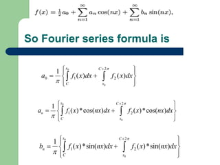 So Fourier series formula is 
x C 
0 
2 
 
a f x dx f x dx 
  
0 1 2 
0 
1 
( ) ( ) 
C x 
 
     
    
  
x C 
0 
2 
 
a f x nx dx f x nx dx 
  
1 2 
0 
x C 
0 
2 
 
b f x nx dx f x nx dx 
  
1 2 
0 
1 
( )*sin( ) ( )*sin( ) 
n 
C x 
 
     
    
  
1 
( )*cos( ) ( )*cos( ) 
n 
C x 
 
     
    
  
 