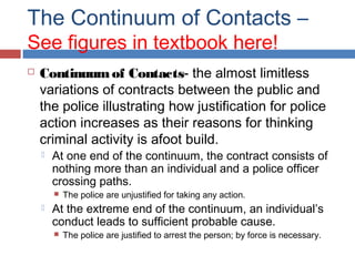 The Continuum of Contacts –
See figures in textbook here!
 Continuumof Contacts- the almost limitless
variations of contracts between the public and
the police illustrating how justification for police
action increases as their reasons for thinking
criminal activity is afoot build.
 At one end of the continuum, the contract consists of
nothing more than an individual and a police officer
crossing paths.
 The police are unjustified for taking any action.
 At the extreme end of the continuum, an individual’s
conduct leads to sufficient probable cause.
 The police are justified to arrest the person; by force is necessary.
 