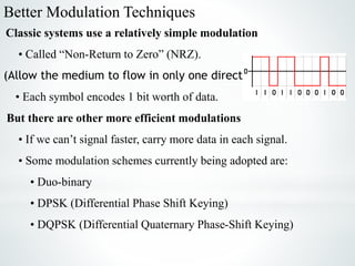 Better Modulation Techniques
Classic systems use a relatively simple modulation
• Called “Non-Return to Zero” (NRZ).
(Allow the medium to flow in only one direction.)
• Each symbol encodes 1 bit worth of data.
But there are other more efficient modulations
• If we can’t signal faster, carry more data in each signal.
• Some modulation schemes currently being adopted are:
• Duo-binary
• DPSK (Differential Phase Shift Keying)
• DQPSK (Differential Quaternary Phase-Shift Keying)
 