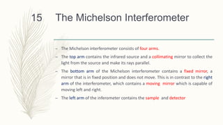 The Michelson Interferometer
– The Michelson interferometer consists of four arms.
– The top arm contains the infrared source and a collimating mirror to collect the
light from the source and make its rays parallel.
– The bottom arm of the Michelson interferometer contains a fixed mirror, a
mirror that is in fixed position and does not move. This is in contrast to the right
arm of the interferometer, which contains a moving mirror which is capable of
moving left and right.
– The left arm of the inferometer contains the sample and detector
15
 