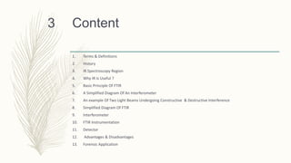 Content
1. Terms & Definitions
2. History
3. IR Spectroscopy Region
4. Why IR Is Useful ?
5. Basic Principle Of FTIR
6. A Simplified Diagram Of An Interferometer
7. An example Of Two Light Beams Undergoing Constructive & Destructive Interference
8. Simplified Diagram Of FTIR
9. Interferometer
10. FTIR Instrumentation
11. Detector
12. Advantages & Disadvantages
13. Forensic Application
3
 