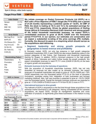 Godrej Consumer Products Ltd
                                                                                                                                            BUY
Target Price `589                    CMP `443                                                                                   FY14 PE 15.1x

         Index Details              We initiate coverage on Godrej Consumer Products Ltd (GCPL) as a
Sensex                 17,773       BUY with a Price Objective of `588.7 (target 20x FY14 EPS) over a period
Nifty                   5,390       of 21-24 months representing a potential upside of ~32.9%. At CMP of
                                    `443, the stock is trading at 18.1x and 15.1x its estimated earnings for
BSE 100                 9,310
                                    FY13 and FY14, respectively. Driven by global acquisitions of Darling
Industry
                                    Group (Africa) & Cosmetica Nacional (Latin America) and strong growth
                                    of the Indian household insecticides business, we expect GCPL’s
         Scrip Details              consolidated revenues to grow at 28.4% CAGR over the forecasted
Mkt Cap (` cr)         14,379       period FY12-FY14. In our opinion, our estimates are conservative and
BVPS (`)                 56.5       we expect a substantial re-rating of the price earnings (PE) multiple.
                                    Currently, the discount to peers is a mispricing which should narrow as
O/s Shares (Cr)          32.4
                                    the acquisitions start delivering.
Avg Vol (Lac)          0.8
52 Wk H/L             463/339
                                     Segment leadership and strong growth                                                      prospects             of
Div Yield (%)            1.0
                                      geographies to boost revenue and profitability




                                                                                                                                                           STOCK POINTER
FVPS (`)                     1
                                    In Domestic market, GCPL not only has presence in high growth categories
                                    (Household Insecticides~25% 2 year CAGR) but also enjoys leadership status in the
                                    product categories of Hair Colors, Hair Extensions and Household Insecticides
  Shareholding Pattern              (barring for Soaps). In addition, GCPL’s dominant presence in the high growth
Shareholders              %         markets of Africa, Indonesia and LatAm further boosts the growth prospects. We
                                    expect consolidated revenues to reach `7,711 crore (CAGR of 28.4%) on the back
Promoters                67.3
                                    of organic growth and acquisitions.
DIIs                     2.4
                                    Domestic business to be the mainstay of operations
FIIs                     19.9
                                    With the acquisition of household insecticides business, GCPL has not only
Public                   10.4       diversified its revenues but also scaled up its domestic business. We expect
Total                    100        revenues of household insecticides and soaps to grow at ~25.2% CAGR and ~18%
                                    CAGR respectively over the forecasted period FY12-14 on the back of disruptive
        GCPL vs. Sensex
                                    innovations, synergies arising from integration of both businesses and focused
                                    marketing initiatives. Also, hair care business is expected to grow at ~16.2% CAGR
                                    over the forecasted period. Overall the domestic business revenues are expected to
                                    grow at ~17.6% CAGR to `3,820.9 crore in FY14 from `2,351.2 crore in FY11.
                                    International business to drive growth
                                    The hallmark of GCPL’s acquisitions is the fact that through these acquisitions it has
                                    achieved market dominance in all categories. Having consolidated all the overseas
                                    acquisitions, we expect GCPL, through its management expertise and cross
                                    pollination of products, to significantly grow these businesses in the medium to long
                                    term.
Key Financials (` in Cr)
            Net                                                        EPS Growth           RONW             ROCE
Y/E Mar                EBITDA                  PAT          EPS                                                          P/E (X)      EV/ EBITDA(X)
         Revenue                                                          (%)                (%)              (%)
2011      3,646.1        643.8                514.7         15.1          35.0               29.8             19.1         29.2              26.3
2012E     4,846.1        931.4               826.9*         24.3          60.9               34.9             20.2         18.1              18.2
2013E     6,206.1       1,190.6               834.3         24.5           0.8               27.6             21.2         18.0              14.2
2014E     7,711.4       1,488.8              1,001.6        29.4          20.0               26.1             20.3         15.0              11.4
*Includes exceptional income of `200.2 crore (`175.2 crore on Kiwi sales and `25 crore on Brylcreem sales)



-1-                                                                                                                                 Monday 13thFeb, 2012
                        This document is for private circulation, and must be read in conjunction with the disclaimer on the last page.
 