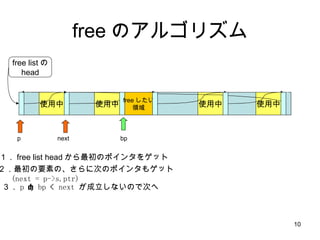 free のアルゴリズム 使用中 使用中 使用中 free listの head 使用中 free したい 領域 １． free list head から最初のポインタをゲット ２．最初の要素の、さらに次のポインタもゲット (next = p->s.ptr) ３． p  <  bp  <  next   が成立しないので次へ bp p next 